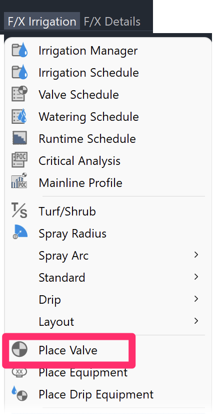 F/X Irrigation menu